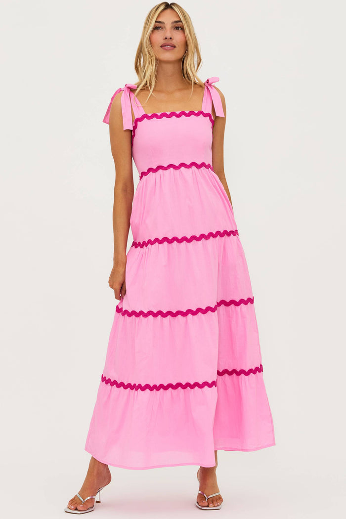Pink tiered maxi dress with magenta rick rack on the tiers and tie shoulder straps
