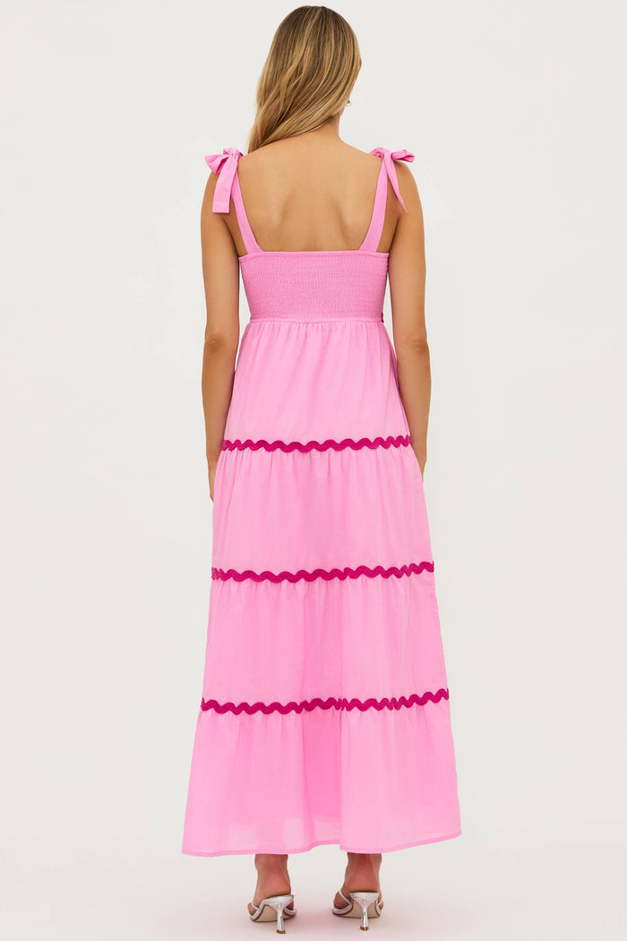 Pink tiered maxi dress with magenta rick rack on the tiers and tie shoulder straps