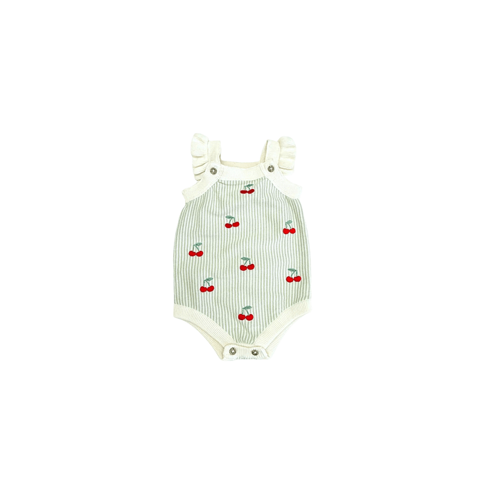 Viverano Organics Baby Clothing Natural/Sage Stripe / 3-6M Cherry Stripe Embroidered Baby Ruffle Romper Set