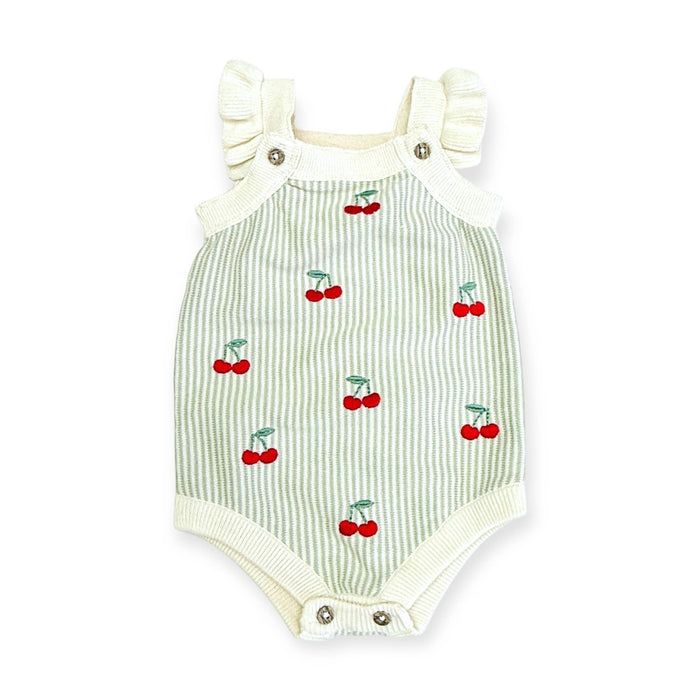 Viverano Organics SHOP Natural/Sage Stripe / 0-3 Mo. Cherry Stripe Embroidered Baby Ruffle Romper Set