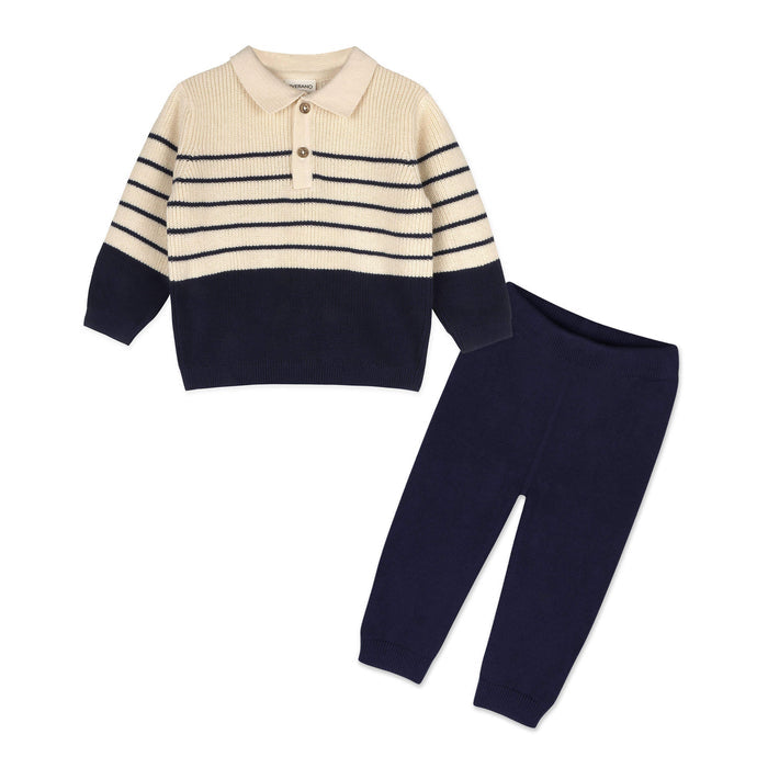 Viverano Organics Natural/Navy Blue / 6-12M Viverano Organics - Classic Stripe Polo Sweater Knit Baby Pullover & Pant Set