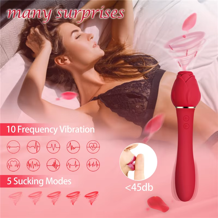 Clitoral Stimulation Sucking G Spot Vaginal Flower Stick Sex Toys 2 in 1 Dual Head Rose Vibrator Wand Massager