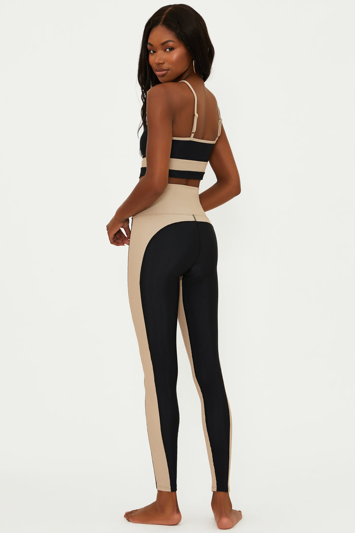 black full length ribbed legging with tan side panels