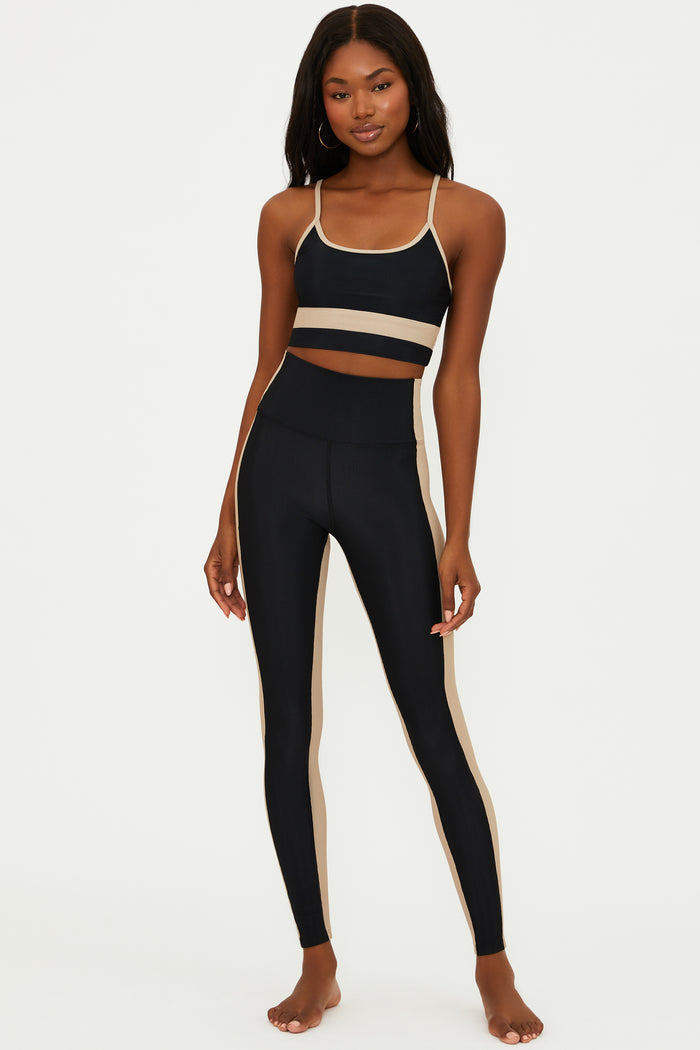 black full length ribbed legging with tan side panels