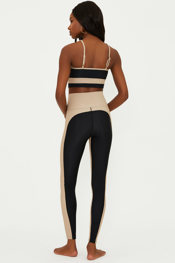 black full length ribbed legging with tan side panels