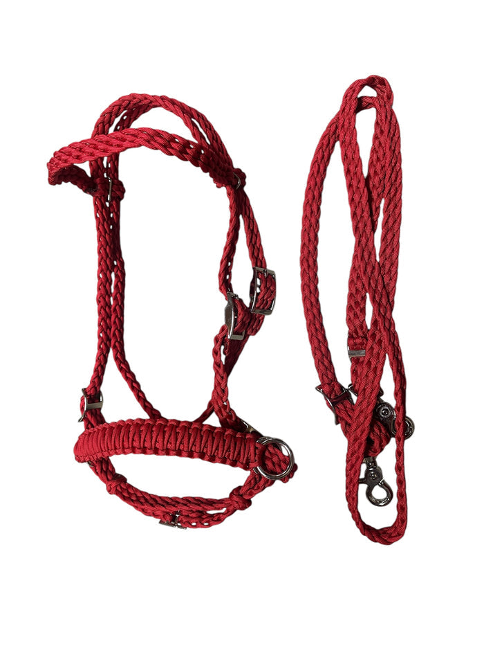 Complete Bitless bridle pony side pull hackamore with reins in red - Tiffanys Braided Tack LLC