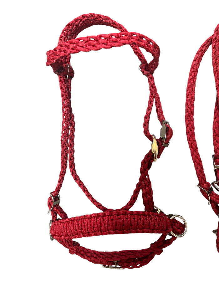 Complete Bitless bridle pony side pull hackamore with reins in red - Tiffanys Braided Tack LLC