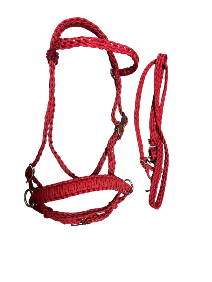 Complete Bitless bridle pony side pull hackamore with reins in red - Tiffanys Braided Tack LLC