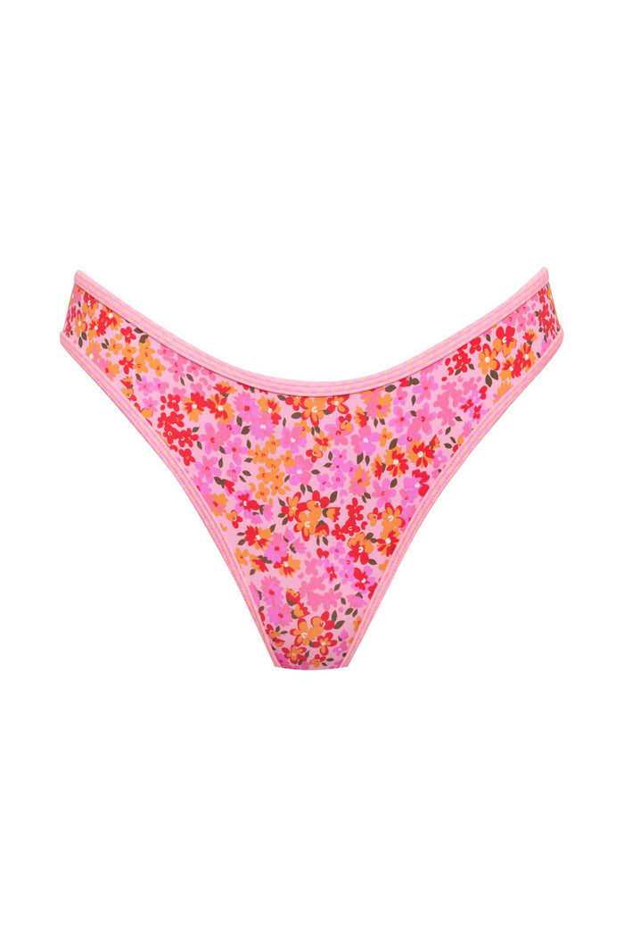 Floral-patterned pink bikini bottom on a white background