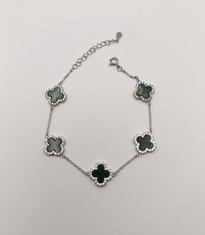 Delicate 925 Sterling Silver Green Mother of Pearl and Cubic Zirconia Clover Bracelet