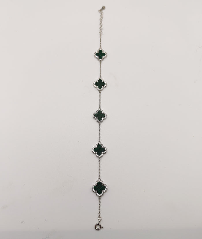 Delicate 925 Sterling Silver Green Mother of Pearl and Cubic Zirconia Clover Bracelet