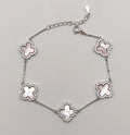 Delicate 925 Sterling Silver Pink Mother of Pearl and Cubic Zirconia Clover Bracelet