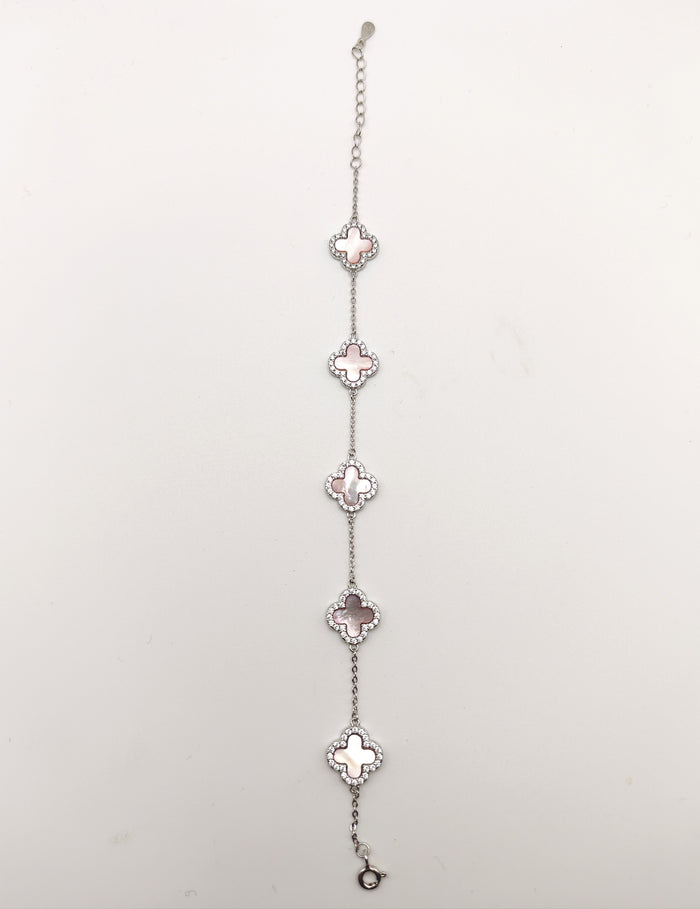 Delicate 925 Sterling Silver Pink Mother of Pearl and Cubic Zirconia Clover Bracelet