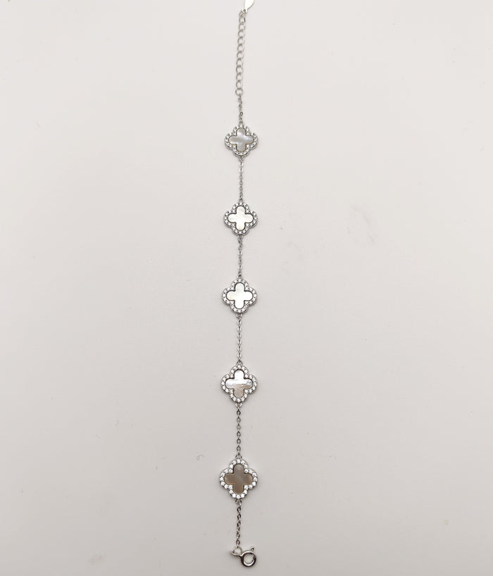 Delicate 925 Sterling Silver White Mother of Pearl and Cubic Zirconia Clover Bracelet