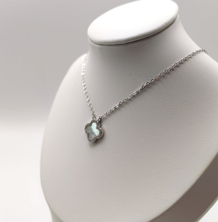 Delicate 925 Sterling Silver White Mother of Pearl and Cubic Zirconia Clover Necklace