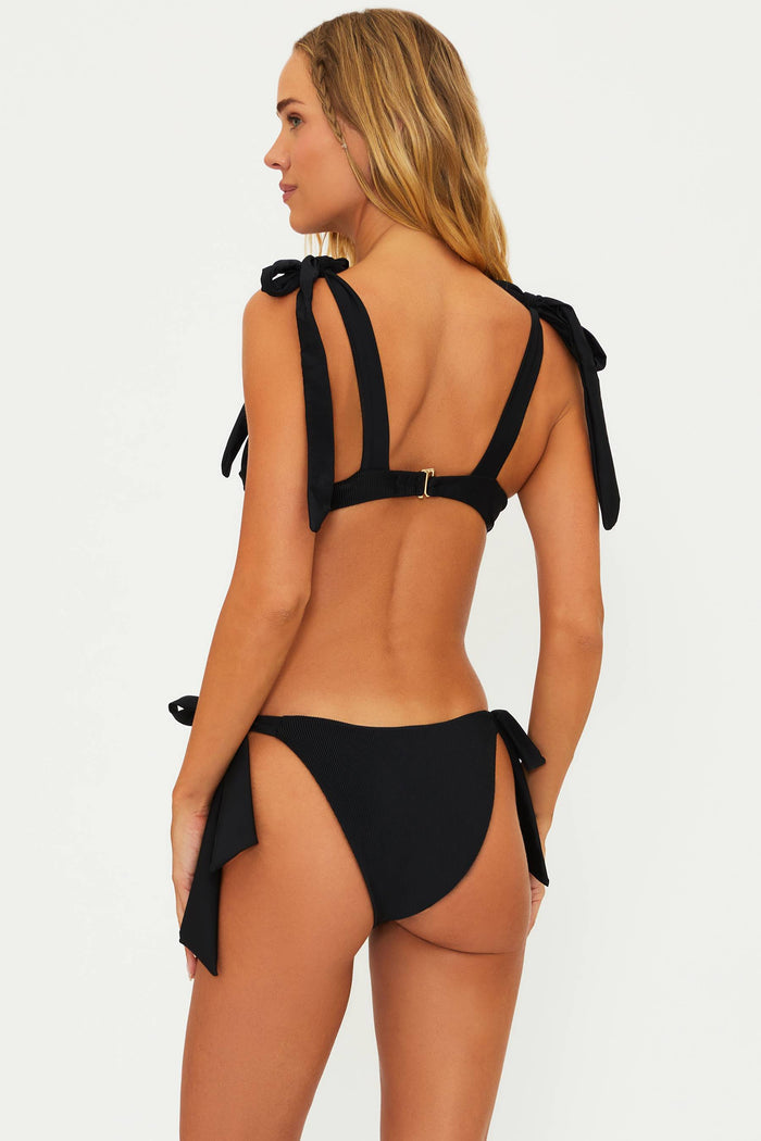 Black ribbed swim top with tie bows on shoulders.