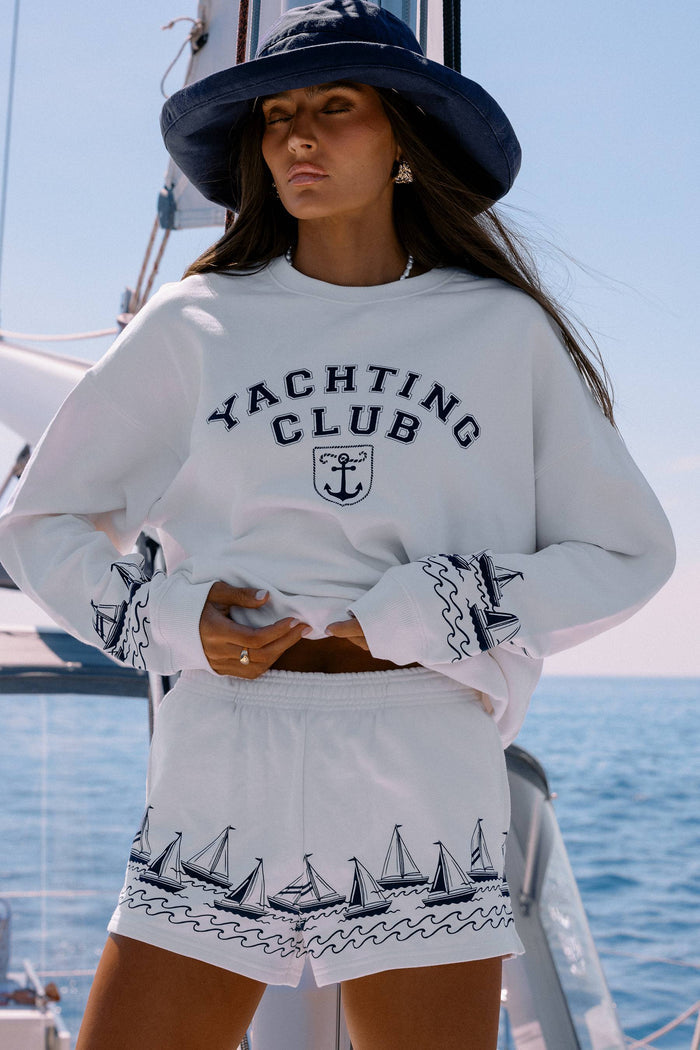 White regatta anchor sweatshirt with "Yachting club" text