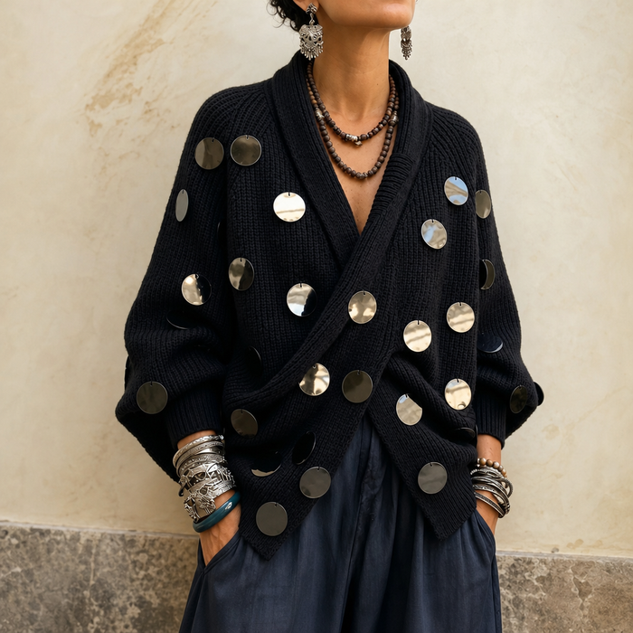 Diskelle – Metallic Disk Wrap Cardigan