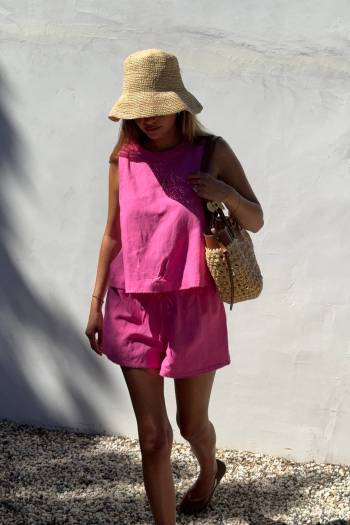 Hot pink linen tank and short set.
