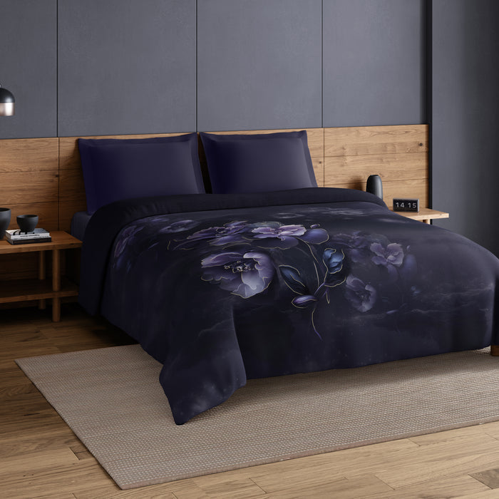 Elegance Noir 100% Cotton Double Quilt, 210TC, Floral, Dark Violet