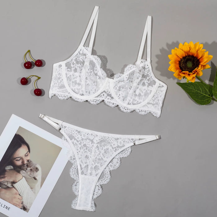 Elegant 3D Embroidered Lace Lingerie for Mature Women with Medium Control and Tassel Hollow Design