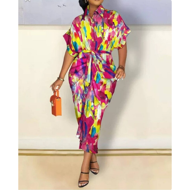 Elegant Slim Fit Short Sleeves Collared Calf Length Maxi Dress with Belt and Pockets