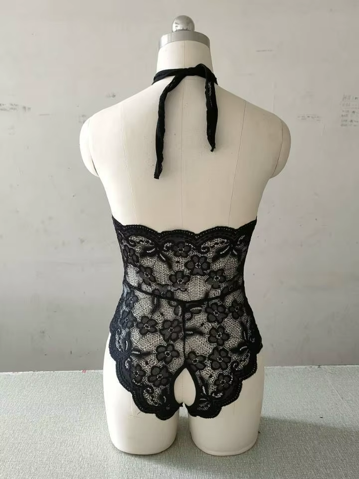 Elegant Women's Crotchless Lace Bodysuit with Embroidery - Sexy Lingerie Set