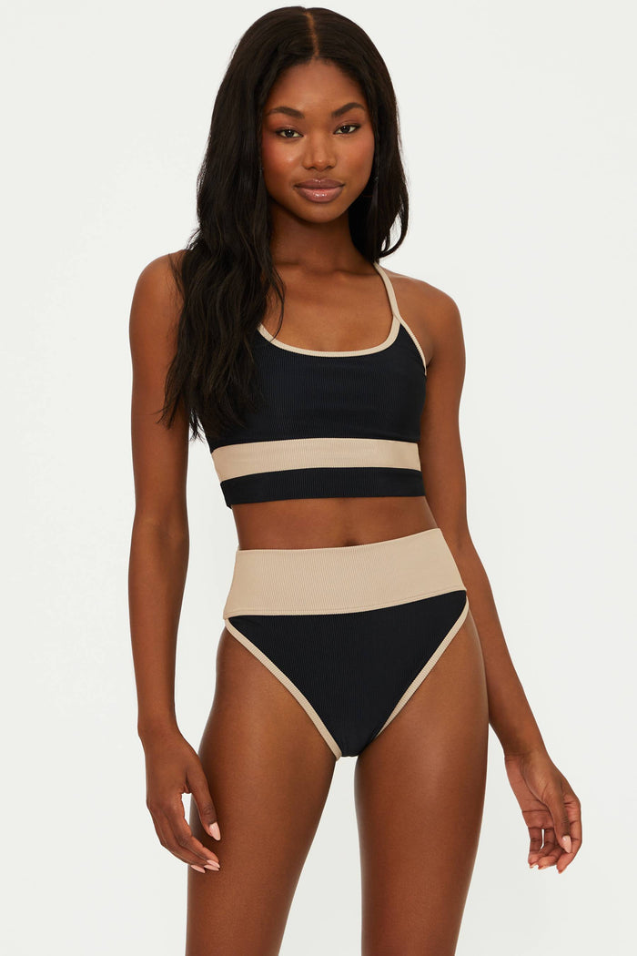 black and tan colorblock swimsuit