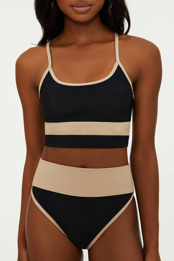 black and tan colorblock swimsuit