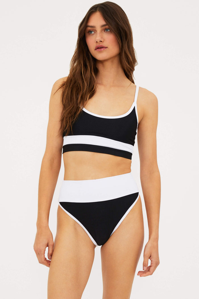 black and white ribbed high waisted swim bottom