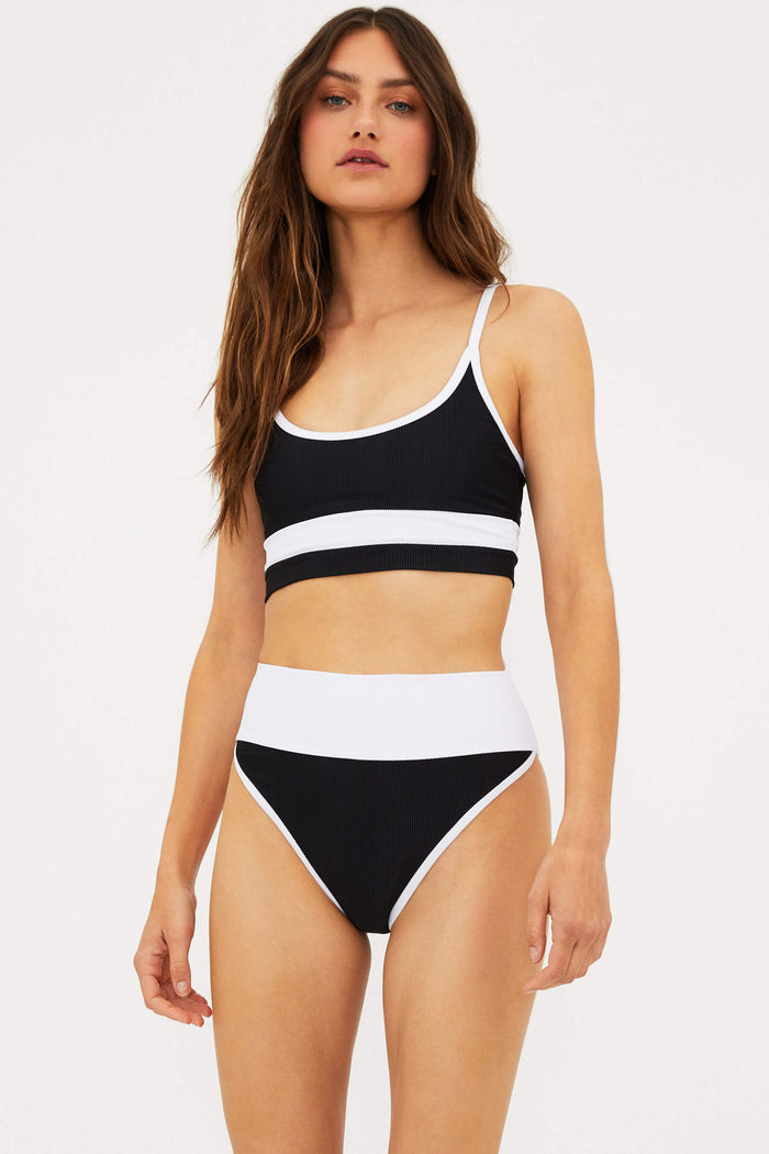 black and white ribbed high-waisted swim bottom