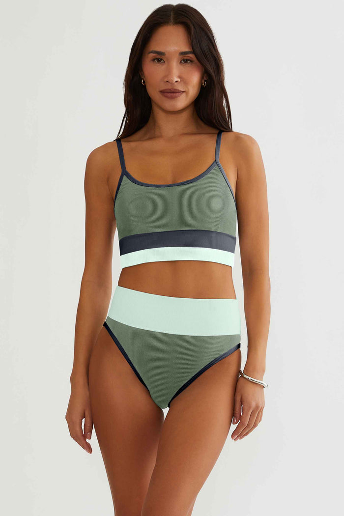 Green ribbed color block high waisted swim bottoms.