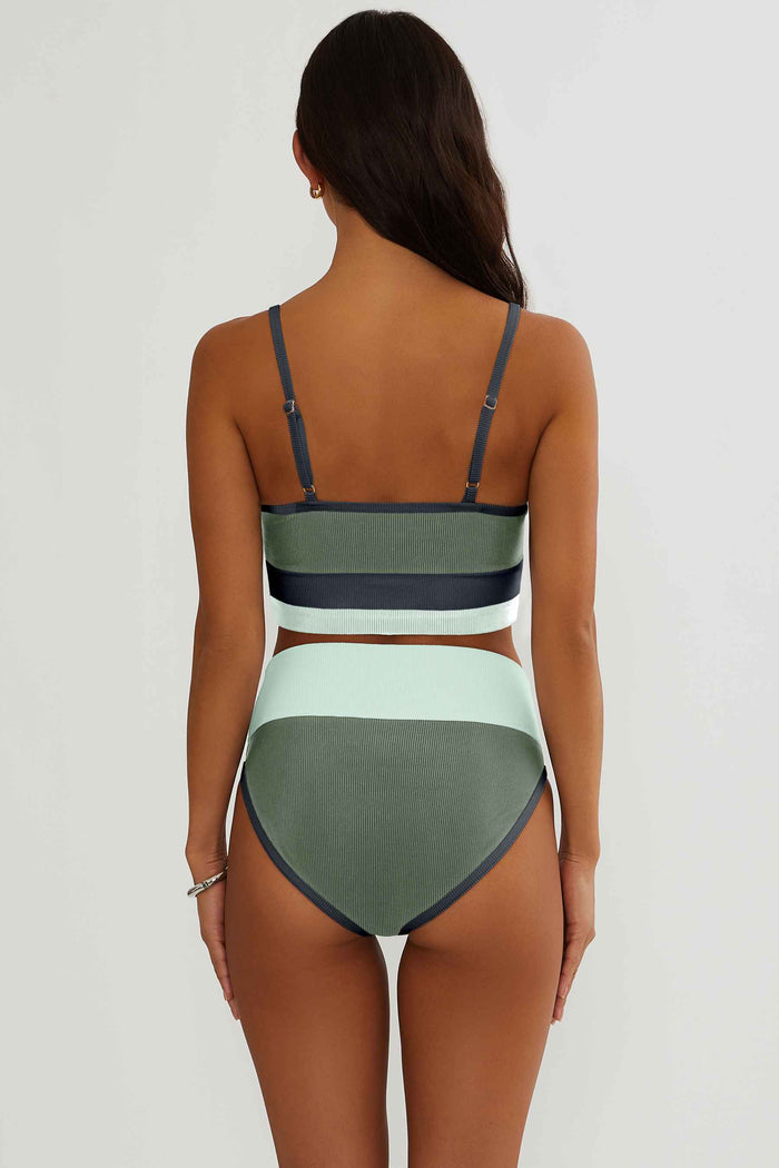 Green ribbed color block high waisted swim bottoms.