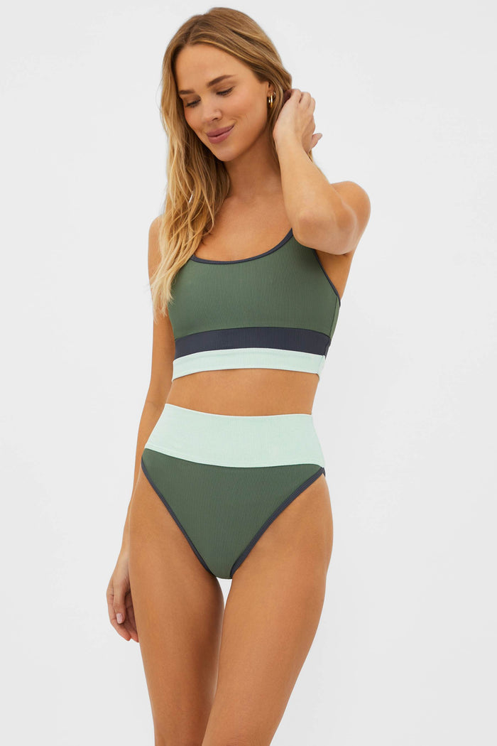sage, charcoal and icy blue ribbed colorblock bikini