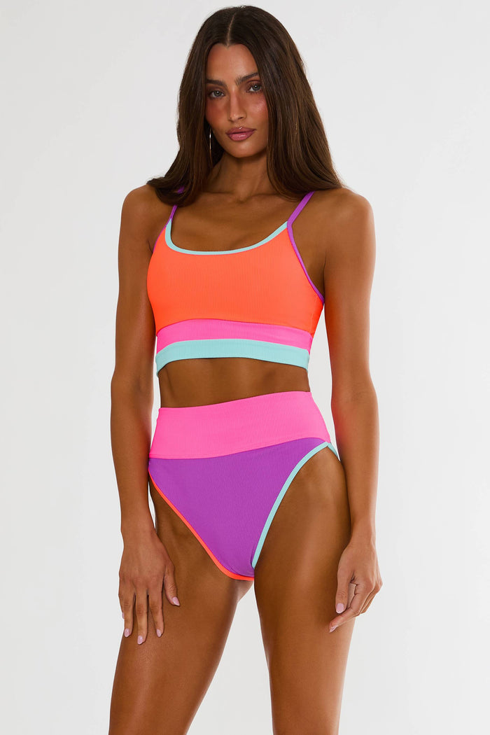 Teal, hot pink, purple, and orange high waisted ribbed color block suit.
