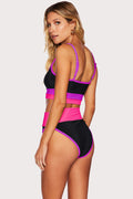 Pink, purple, and black high waisted ribbed bottoms.