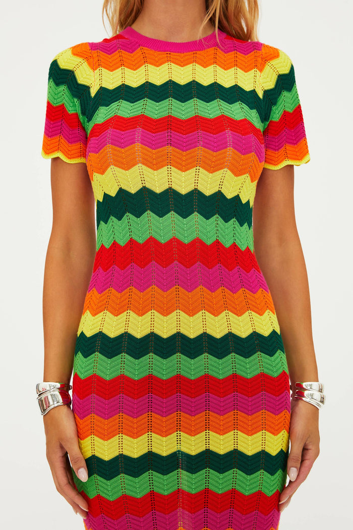 A model wearing a colorful striped maxi dress with cap sleeves.