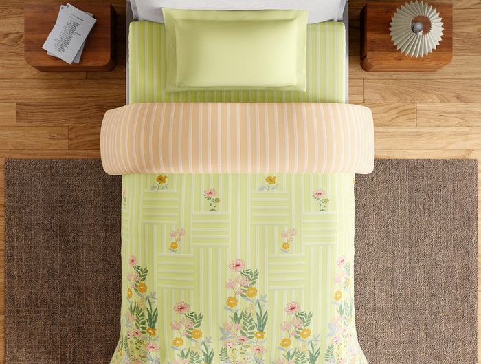 Essentials 100% Cotton Single Quilt, 144 TC, Floral, Light Green