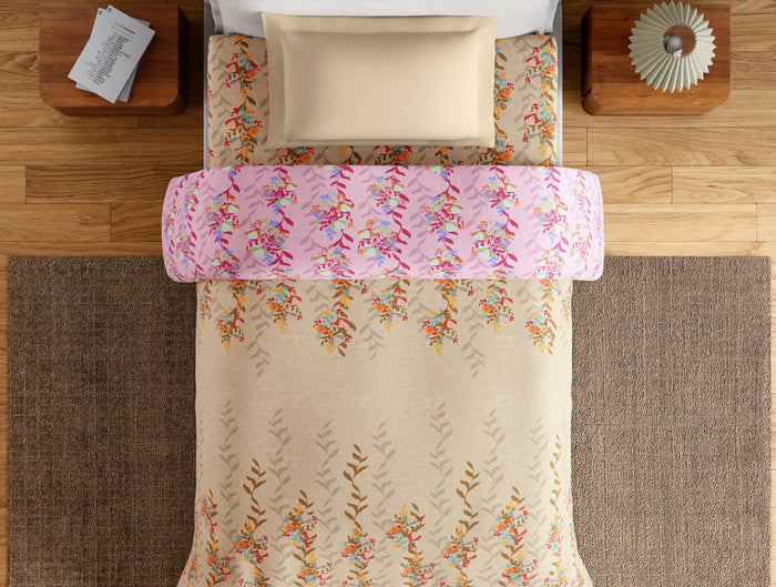 Essentials 100% Cotton Single Quilt, 144 TC, Floral, Light Taupe