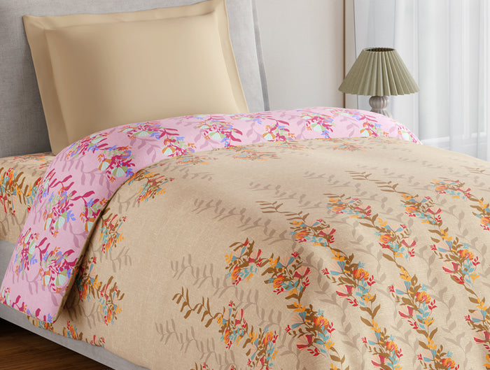 Essentials 100% Cotton Single Quilt, 144 TC, Floral, Light Taupe