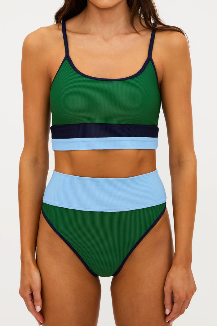 Two-piece swimsuit with green and blue striped design on a white background