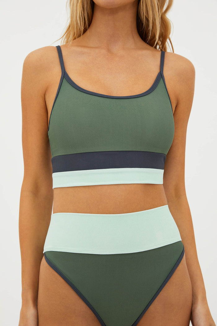 sage, charcoal and icy blue ribbed colorblock bikini
