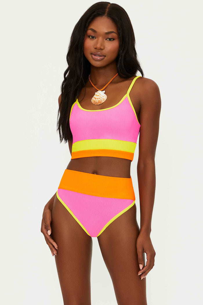 pink yellow and orange ribbed swimsuit