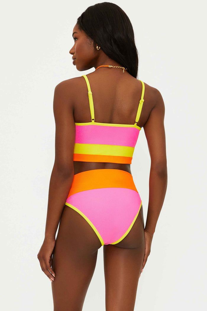 pink yellow and orange ribbed swimsuit