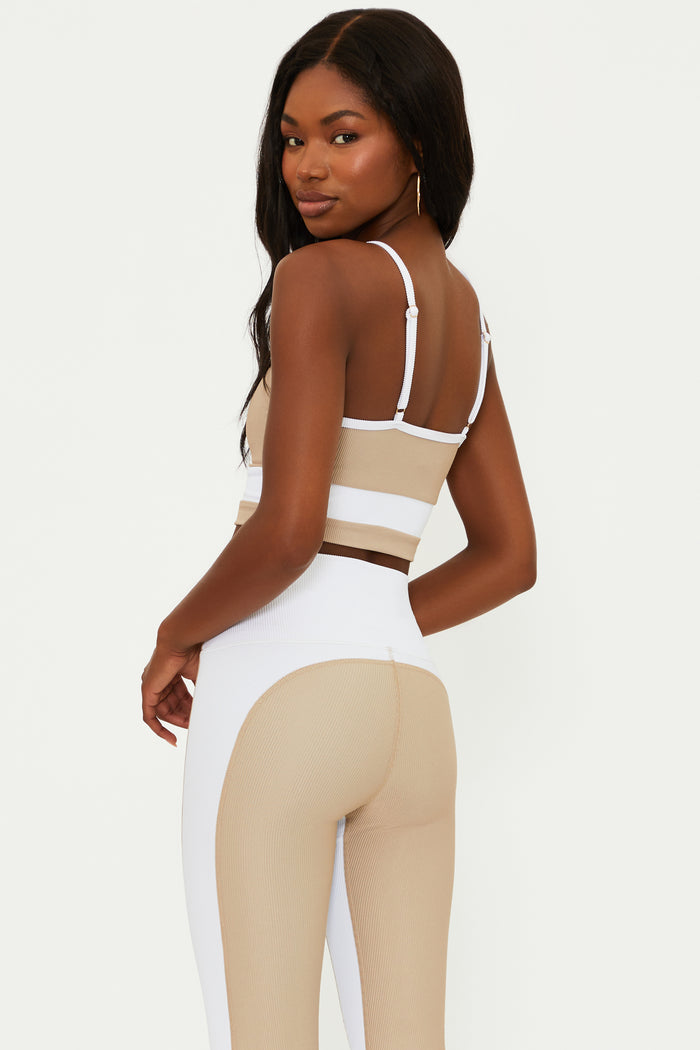 ribbed tan and white sports bra