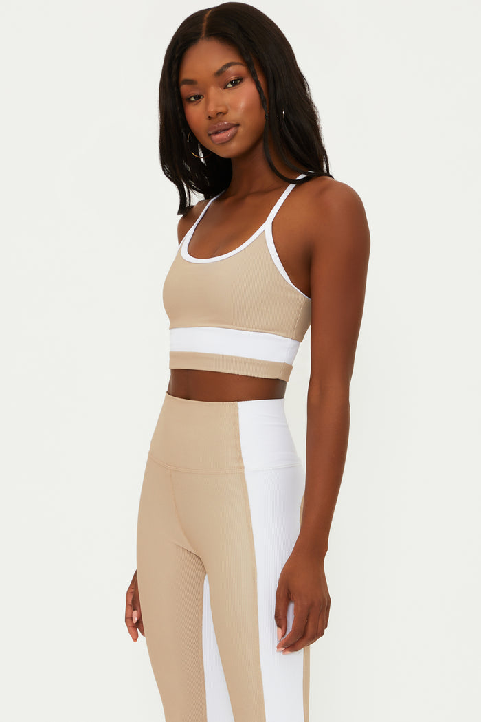 ribbed tan and white sports bra