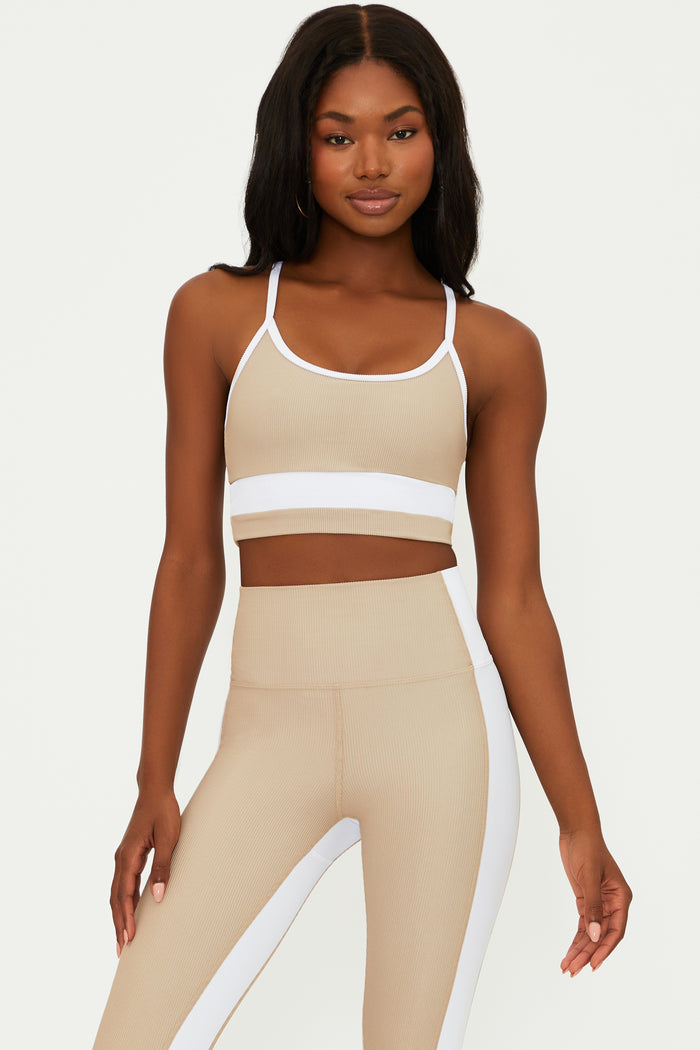 ribbed tan and white sports bra