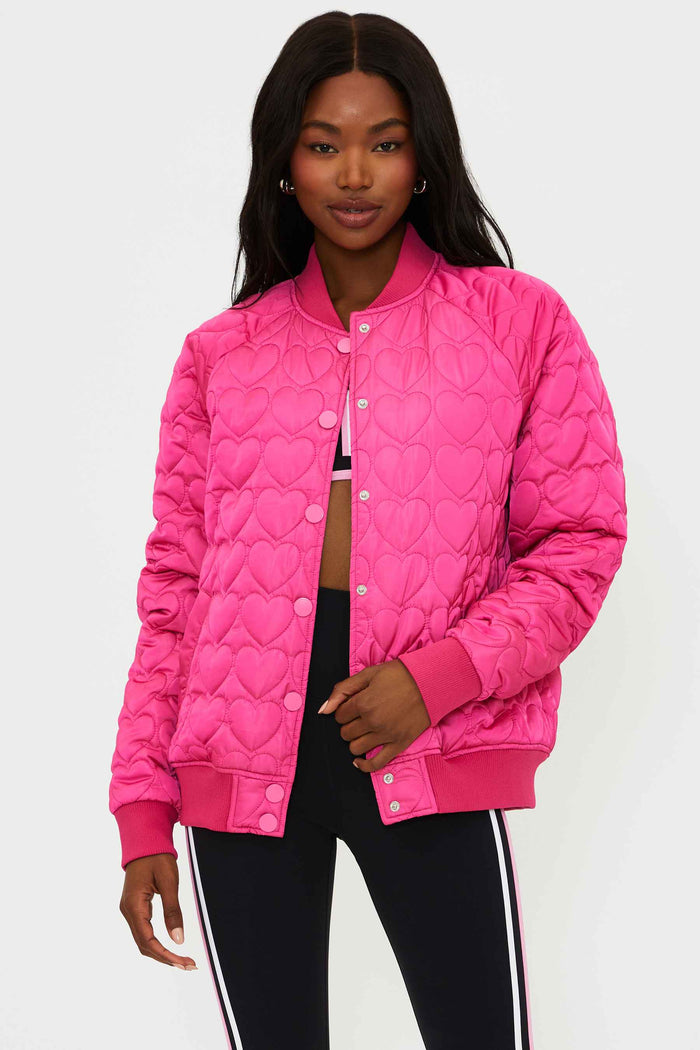 pink bomber jacket with quilted hearts