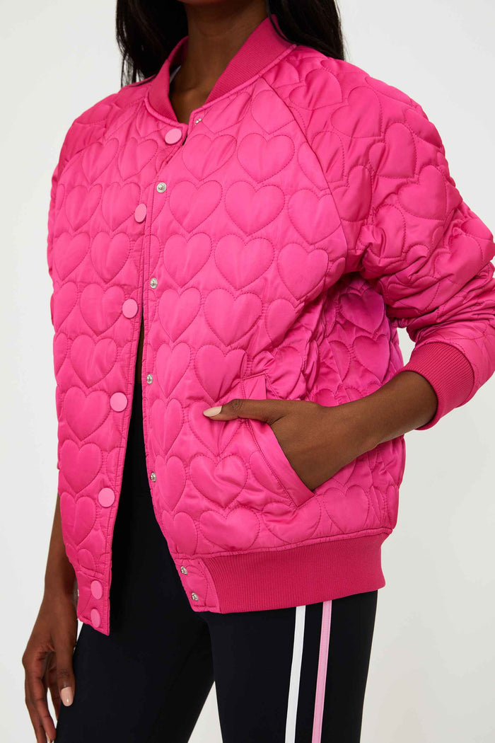 pink bomber jacket with quilted hearts
