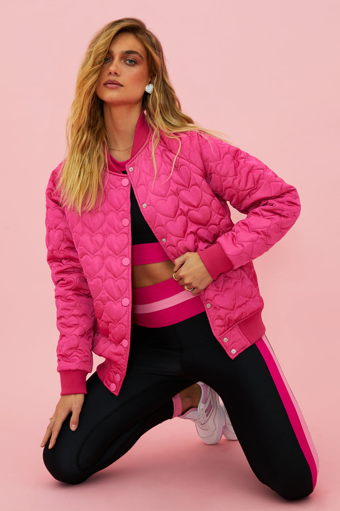 pink bomber jacket with quilted hearts